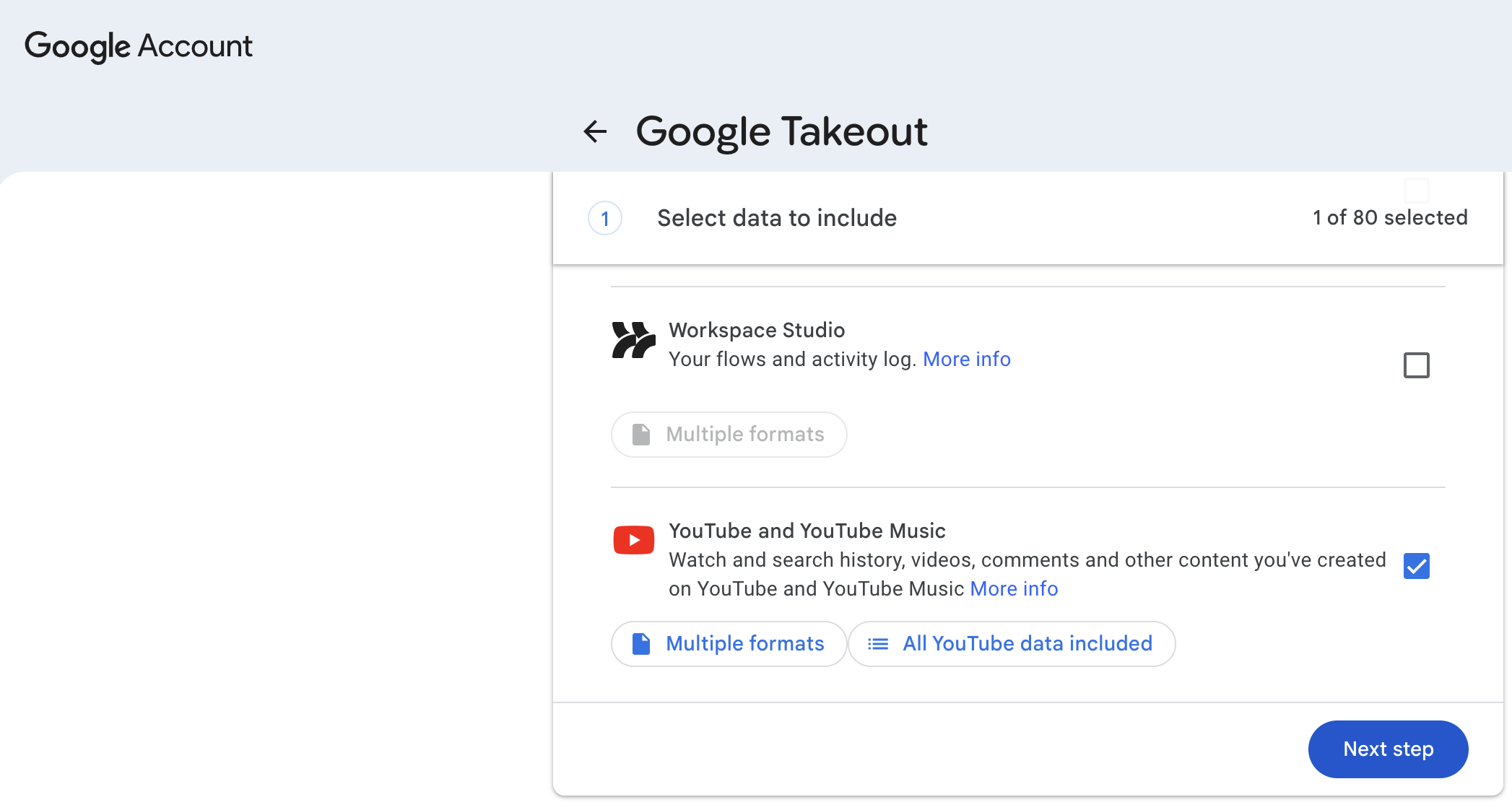 Google Takeout Oberfläche: YouTube und YouTube Music ist ausgewählt